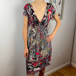 Hale Bob Silk Plunge Neck Empire Waist Short Sleeve Dress XS